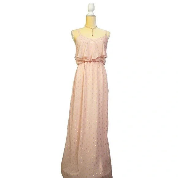 Maxi Blush/Gold Dress Spaghatti Straps Ruffled Front & Back Sz S - Picture 5 of 8
